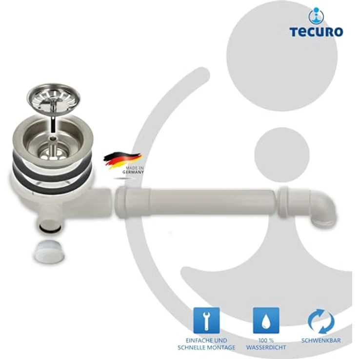 tecuro Spülen-Siebkorbventil Ø 114 mm (3 1/2 Zoll) mit Raumsparabgang, seitlichem 1 Zoll Anschluss und Edelstahlkelch – Bild 2