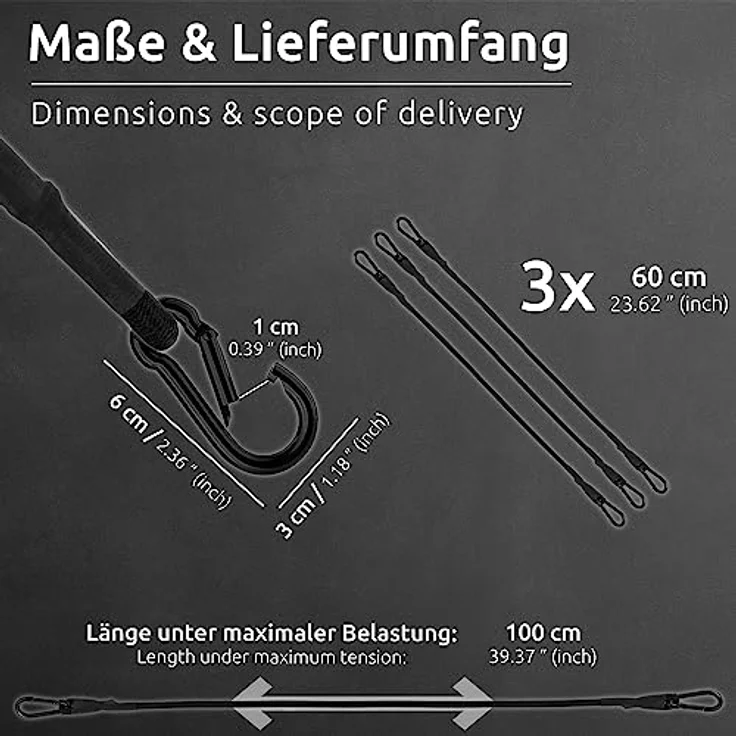 ECENCE 3X Spanngummi mit Karabiner aus Edelstahl 60cm in Schwarz Latex Spanngurte, Gepäckspanner, Expander, Spannseil - Sicherer Halt für Fahrrad, Auto und Gepäck – Bild 3