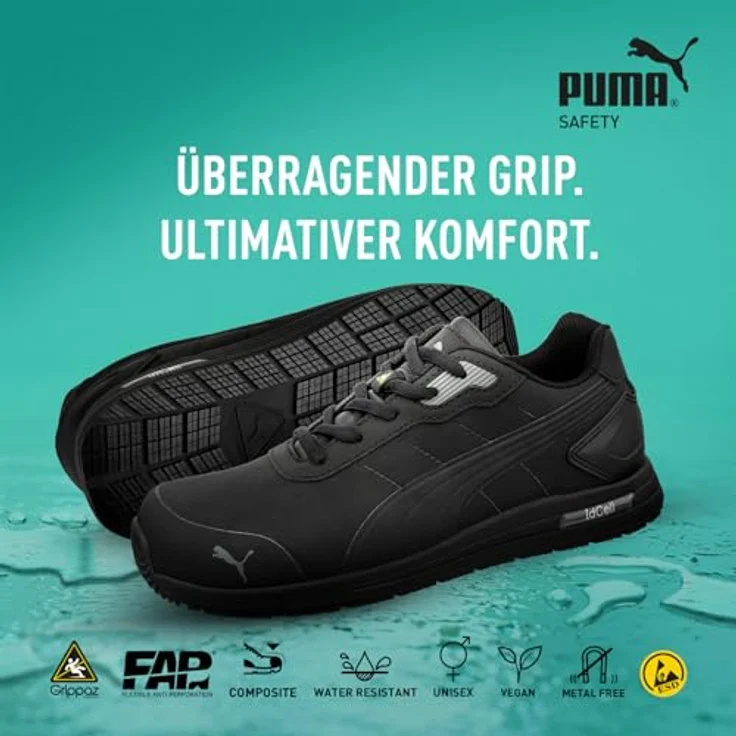 Puma S3S Bounce Black Low Sicherheitshalbschuh, mit Fiberglaskappe, wasserabweisendem Mikrofaser-Schaft und rutschhemmender GRIPPAZ® Traction-Laufsohle, Größe 41 – Bild 6