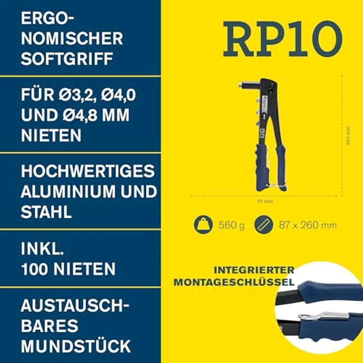 Rapid RP10 Nietzange - Set mit 100 Aluminiumnieten, integriertem Schraubenschlüssel & Soft-Grip-Griff für 3,2, 4,0, 4,8 mm Blindnieten – Bild 2