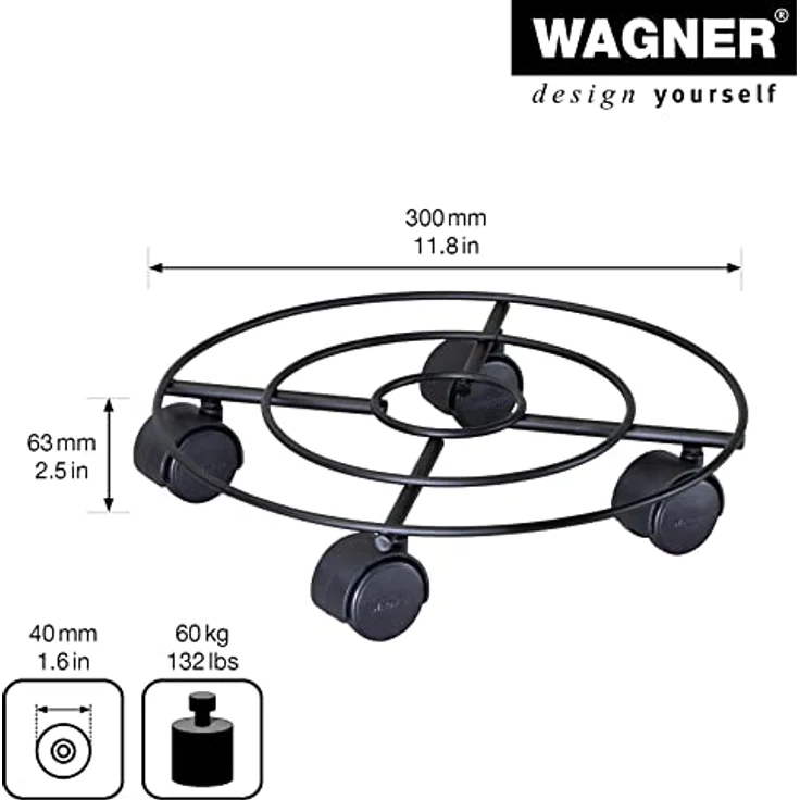 Wagner Pflanzenroller Draht GH 0943, Schwarz Matt, Ø 30 cm, mobile Basis mit wendigen Doppelrollen für Pflanzgefäße – Bild 2