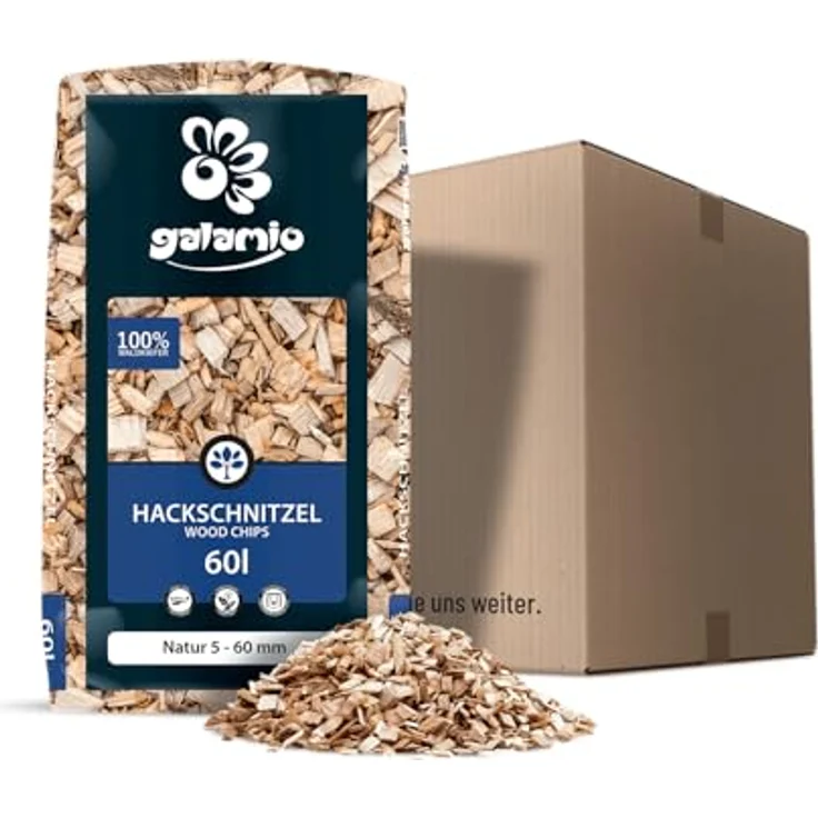 GALAMIO Holzhackschnitzel Pinus Sylvestris, Grob 5-60mm, 60l Sack für Garten und Hochbeet, natürliche Bodenabdeckung, wasserregulierend, langlebig – Bild 1