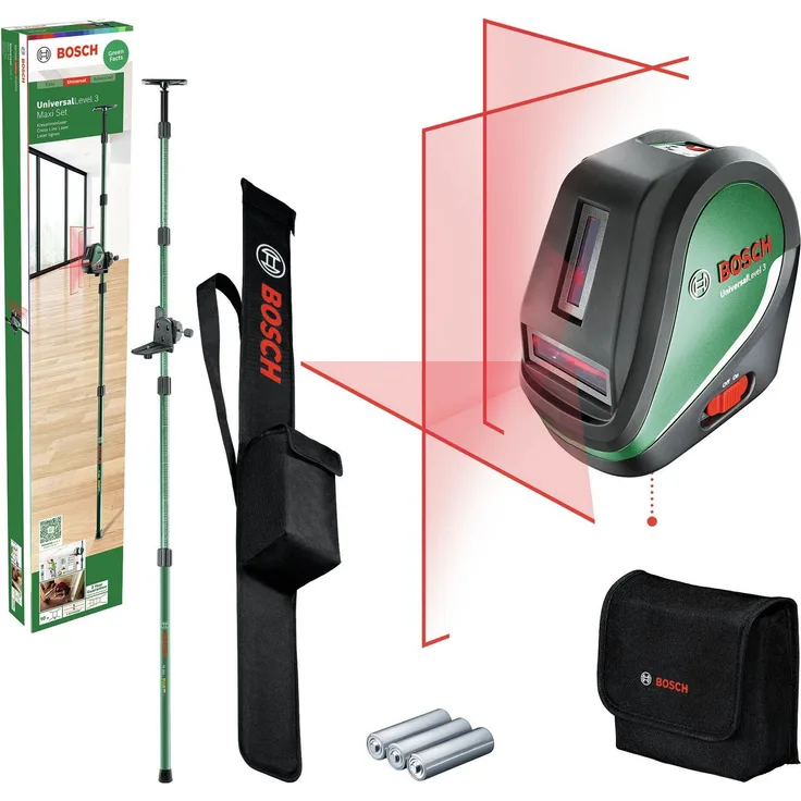 BOSCH UniversalLevel 3 Maxi-Set Kreuzlinien-Laser - im Karton, Projektion eines Laserkreuzes mit vertikaler Linie, 120° Öffnungswinkel