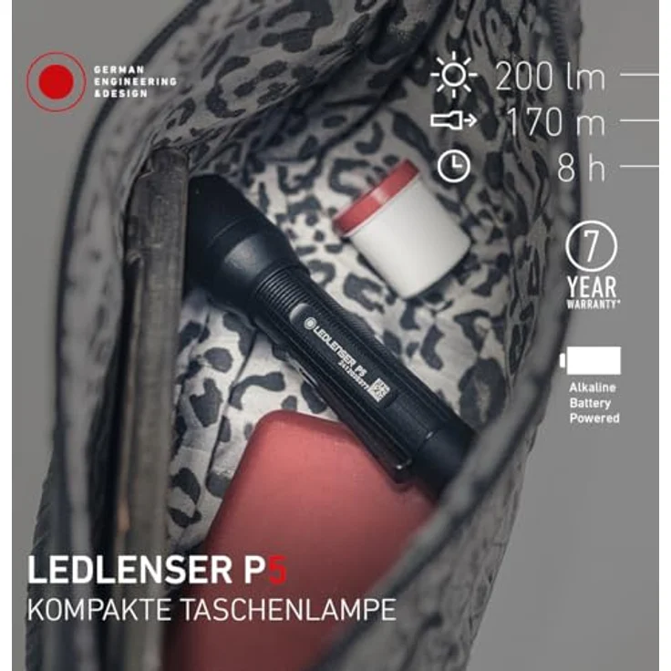 Ledlenser P5 LED Taschenlampe, 200 Lumen, 170 m Zoomfokus, IP54, 8 Stunden Laufzeit, 80 g, für Camping, Wandern, Werkstatt, Outdoor – Bild 2