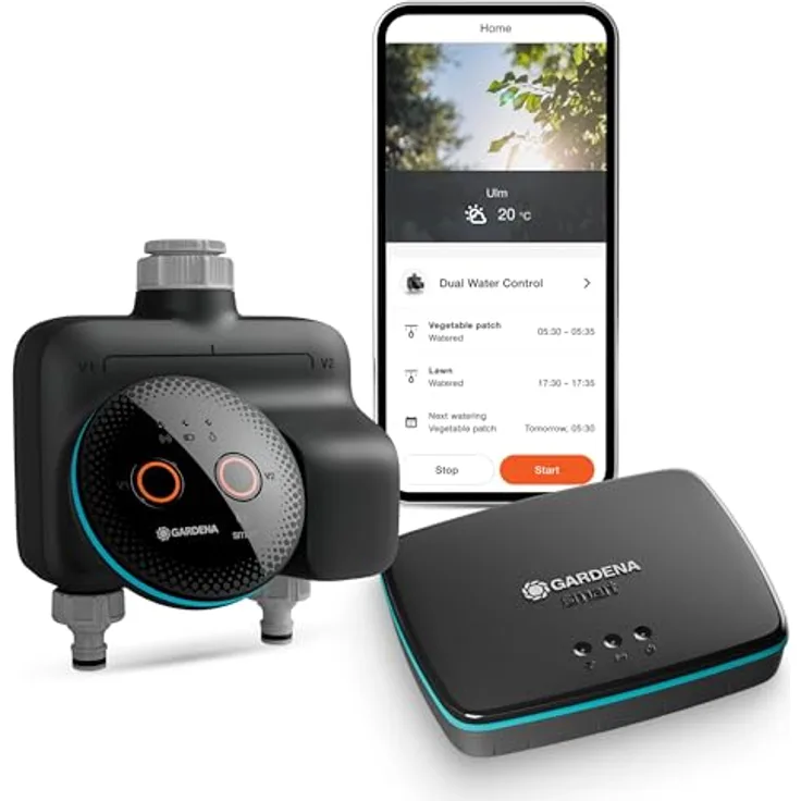Gardena smart Dual Water Control Set, Bewässerungssteuerung für zwei Gartenbereiche, datengesteuert und Smart Home kompatibel, hochwertige Ventiltechnik