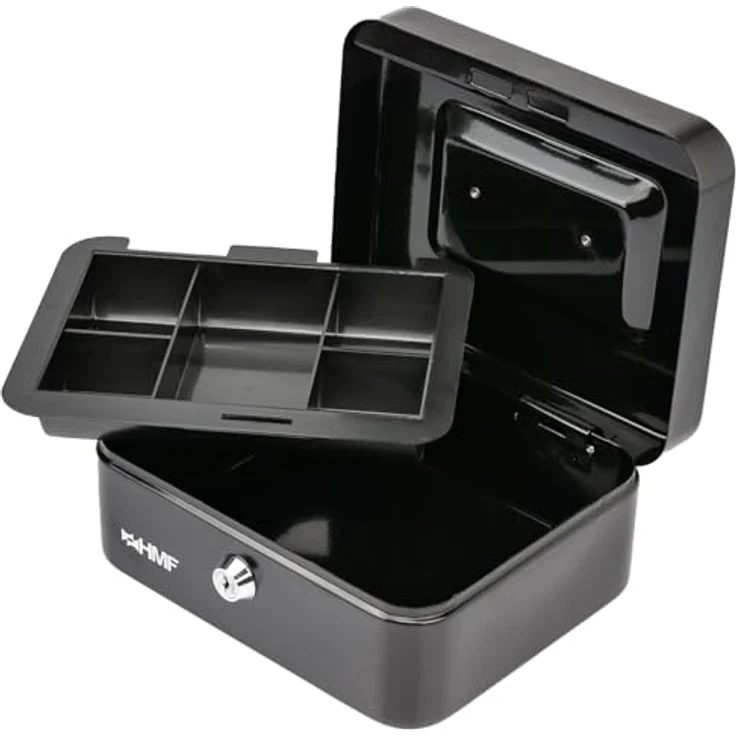 HMF Geldkassette abschließbar, Kasse mit 5 Münzfächern und herausnehmbaren Einsätzen, 20 x 16 x 9 cm, Schwarz – Bild 2