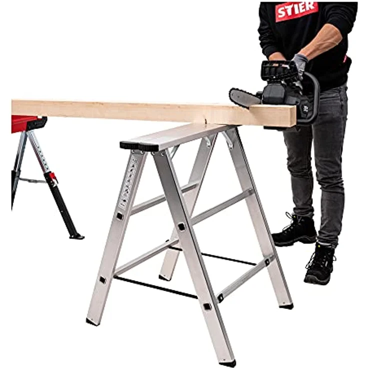 STIER Aluminiumbock 150kg, 75 cm breit, 80 cm hoch, klappbar, verzinkte Scharniere, inklusive Nylongurte zur Absicherung – Bild 2