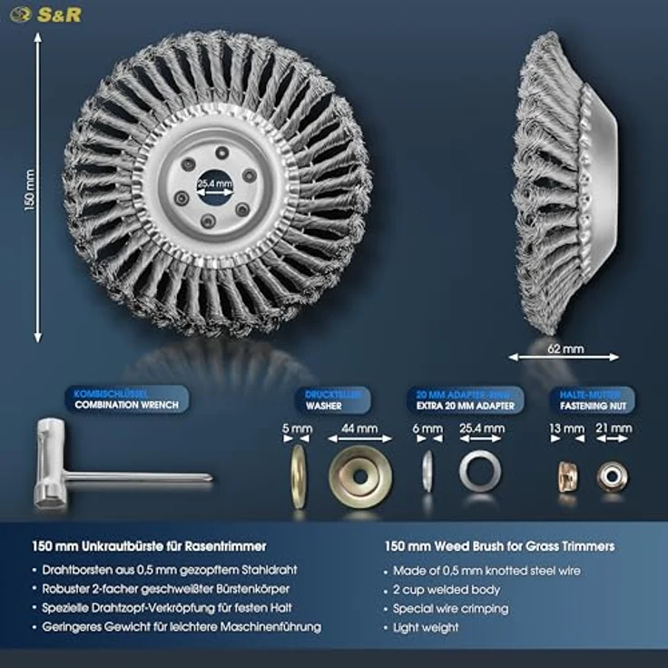 S&R Stahlbürste Unkrautbürste 150 mm, 5-TLG Set mit Stahldraht gezopft für Rasentrimmer und Freischneider zur Entfernung von Unkraut und Moos – Bild 2
