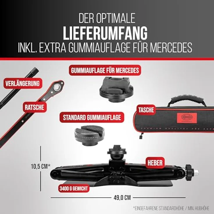 HEYNER® MultiLift L PRO Scherenwagenheber 2 t für Mercedes E‑Klasse W214 (2023–), runder Sattel, 360° Gummiauflage, Hub 125–470 mm, Drehknauf, 17 mm Ratsche, Standfuß 30×8 cm, bis −50 °C – Bild 6