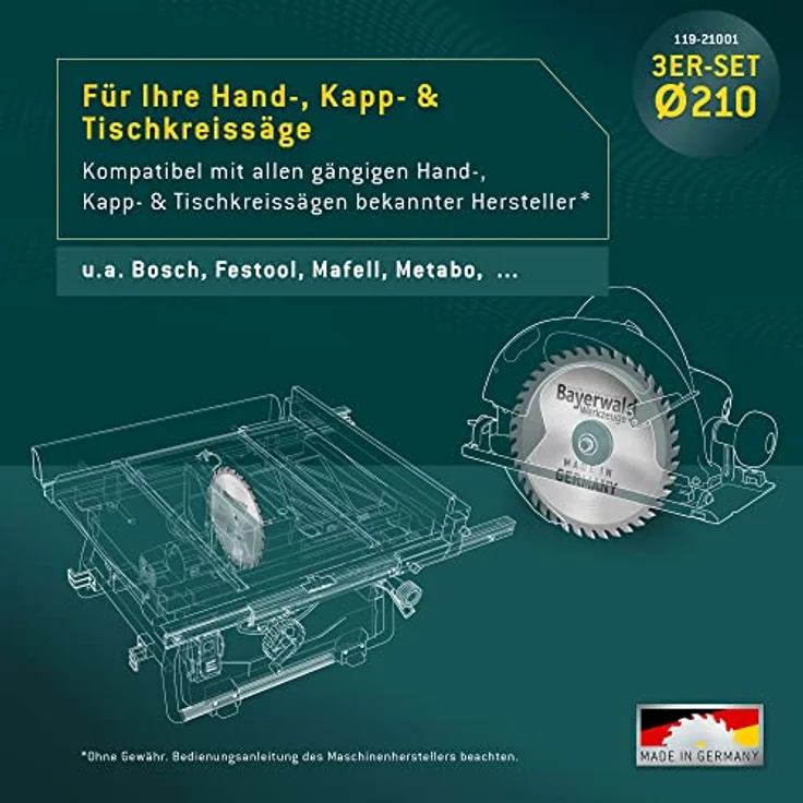 Bayerwald HOLZ ALLROUND Hand-Kreissägeblatt Set Ø 210 mm (3 tlg.) - für Holz Längsschnitt und Tischlerplatten, kompatibel mit Bosch GKS 165 und Makita DHS630Z – Bild 4