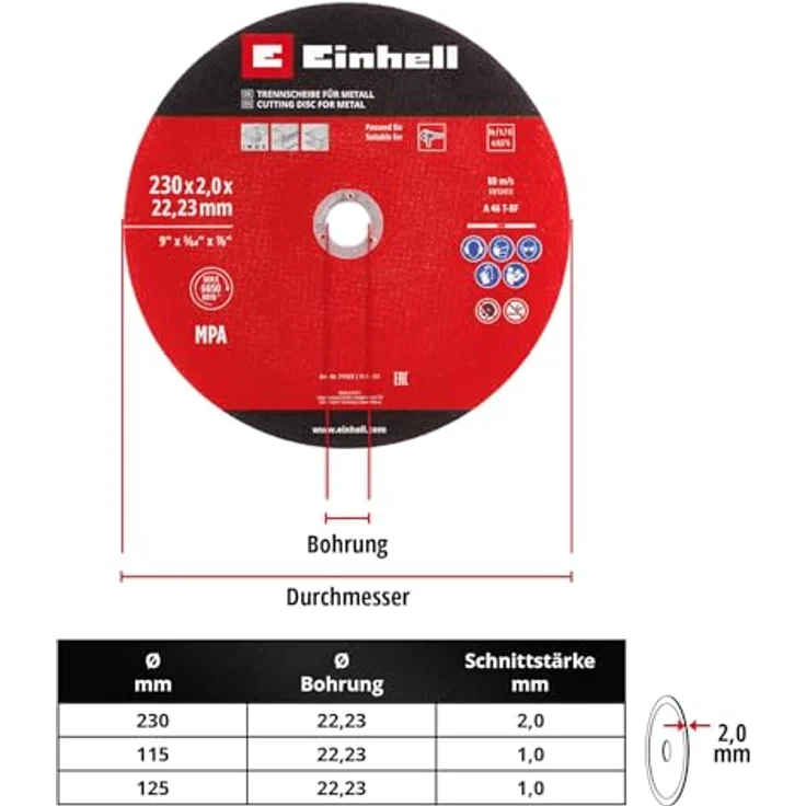 Einhell 3-tlg. Dünntrennscheiben-Set für Metall, Ø 230 mm, MPA-zertifiziert, präzise, hohe Lebensdauer, für Winkelschleifer – Bild 3