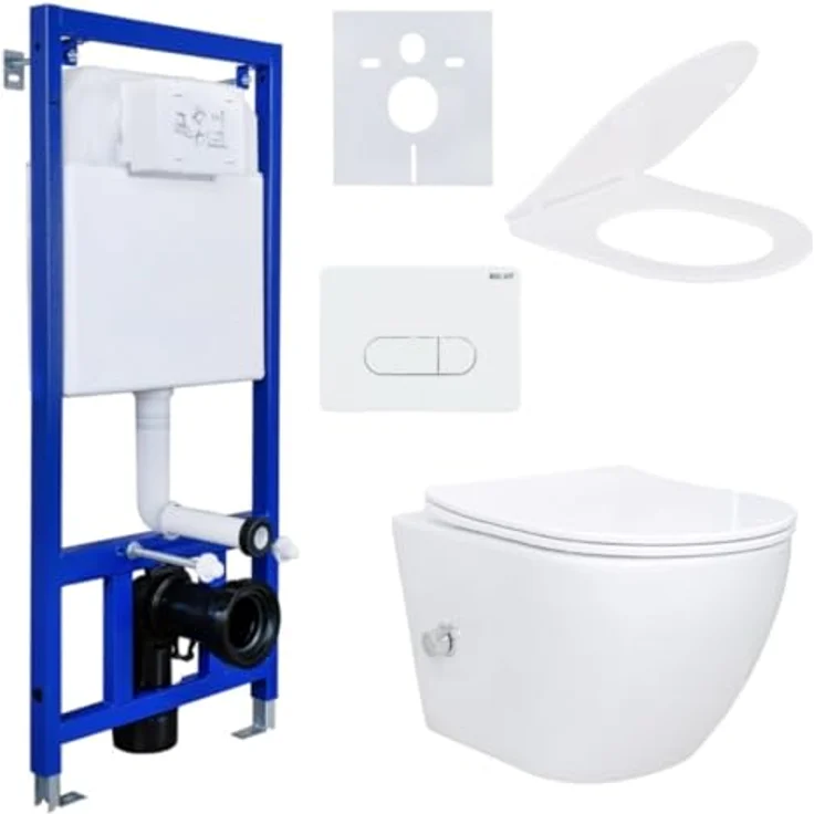 Aloni Tiefspül-WC AL55800Komplett, Hänge WC Spülrandlos Integrierte Kalt/-Warmwasserarmatur Deckel, weiß – Bild 2