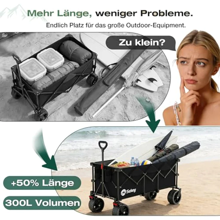 Sekey XXXL Bollerwagen, faltbar 300L, 200KG belastbar, All-Terrain-Räder 17x10 cm, patentierter 4-Wege-Sofortaufbau, schwarz – Bild 3