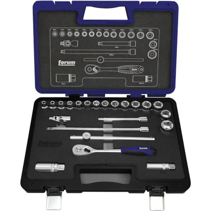 Forum Steckschlüssel-Garnitur 3/8, 22-teilig mit hochwertigem C60 Qualitätsstahl und ergonomischem 2-Komponenten-Griff, im robusten Kunststoffkoffer