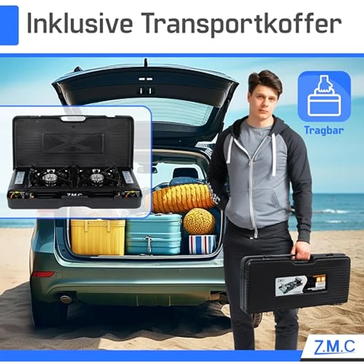 Z.M.C PREMIUM Camping Gaskocher 2-flammig mit Zündsicherung, incl. 8 Gaskartuschen 227g, Piezozündung und Windschutz für Outdoor und Innenraum – Bild 3
