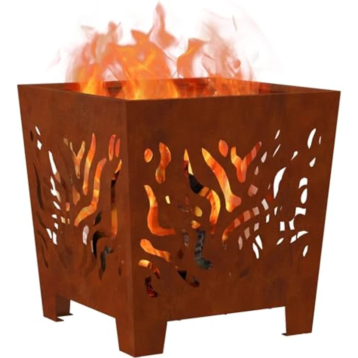 vidaXL Feuerstelle Braun, quadratischer Outdoor-Feuerkorb aus Stahl, 40 x 40 x 40 cm, hitzebeständig, ideal für Garten und Terrasse – Bild 1