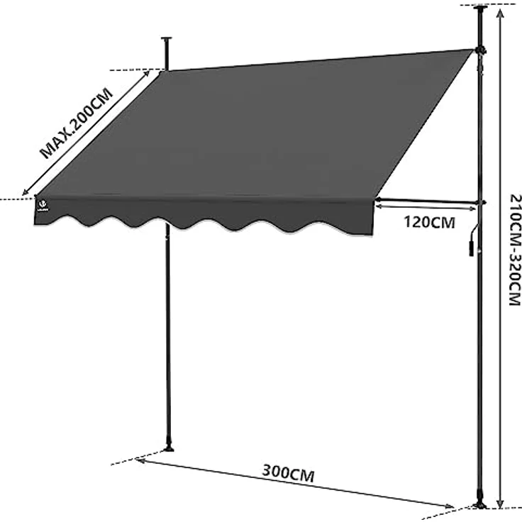 VOUNOT Klemmmarkise Balkon mit Handkurbel, höhenverstellbar Balkonmarkise ohne Bohren, UV-beständig, Wasserdicht & Sonnenschutz, 300 cm breit, Grau – Bild 3