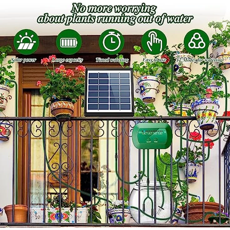 AnseTo Solar Bewässerungssystem, Automatischer Bewässerungscomputer mit 12 Timer-Modi und 15 Tropfschläuchen für Garten und Balkon – Bild 2