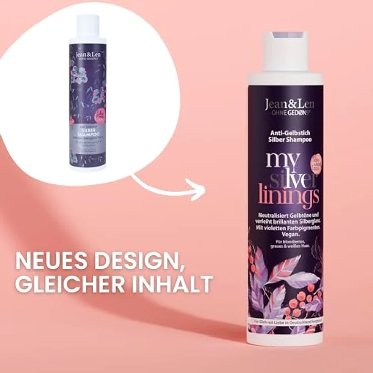 Jean & Len Silbershampoo Silberweide & Cassis, vegane Pflegeformel für graues, blondes, blondiertes & weißes Haar, mit violetten Pigmenten und Anti-Gelbstich-Effekt, 300 ml – Bild 4
