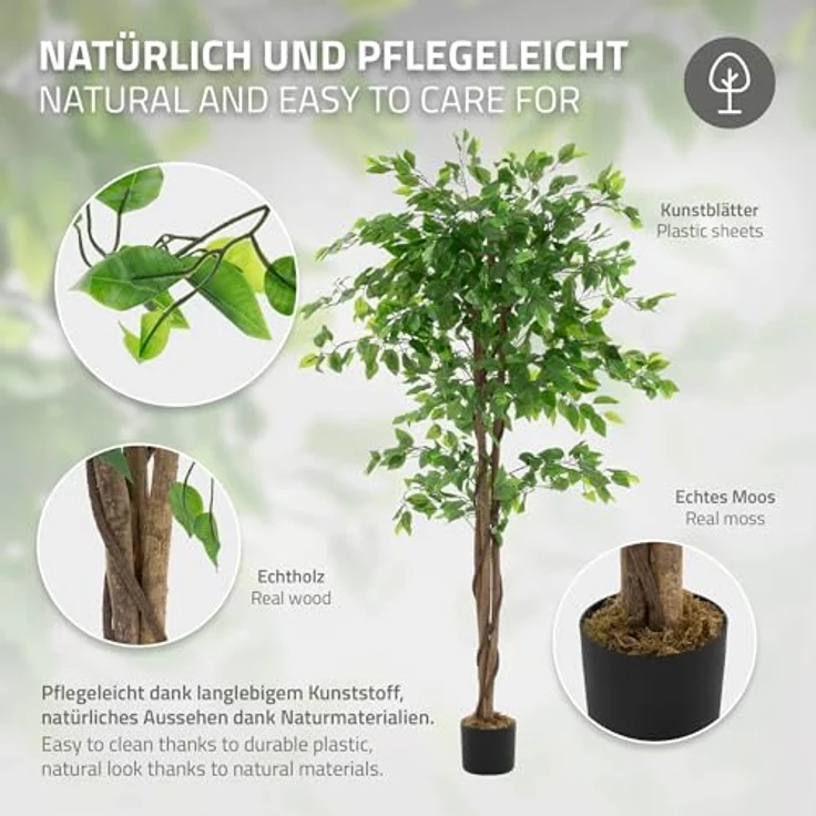 ML DESIGN Kunstpflanze Ficus 150 cm, naturgetreuer Kunstbaum mit Naturholzstamm im schwarzen Topf, pflegeleichte Deko für Innen/Außen, ideal für Wohnzimmer und Büro – Bild 3