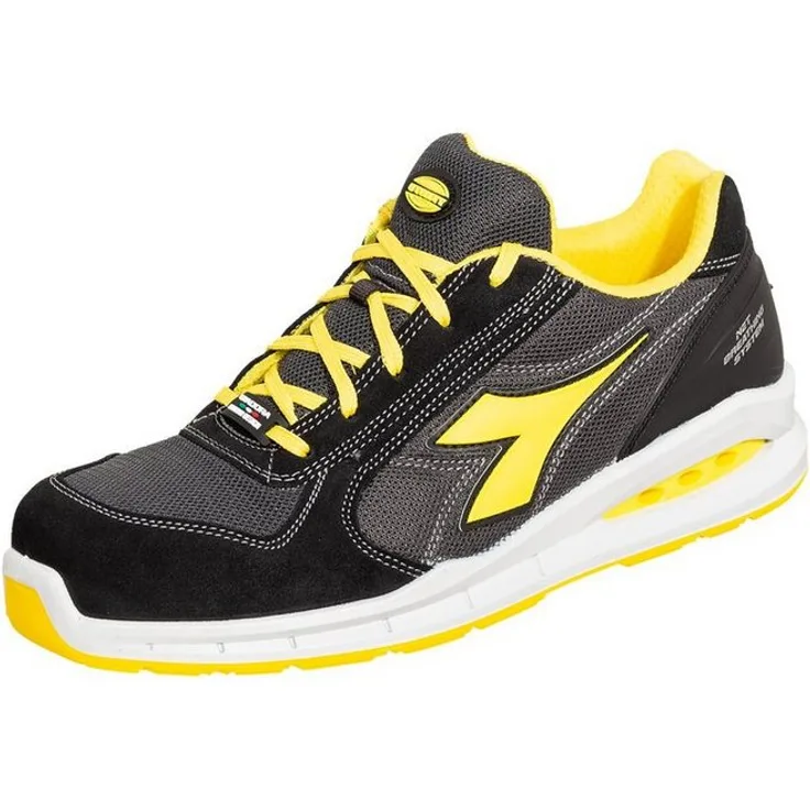 Utility Diadora Run Net Air Box S1P Sicherheitsschuh, atmungsaktiv aus Wildspaltleder, schwarz/anthrazit/gelb