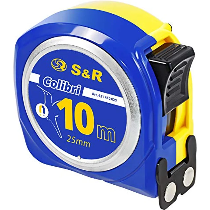 S&R Bandmaß 10 m x 25mm mit MAGNET-Haken, KOMPAKTE Rollmeter Nylon-beschichtetes Massband, schlagfestes Gehäuse, Feststeller, Metermaß mit Gürtelclip, Blau – Bild 1