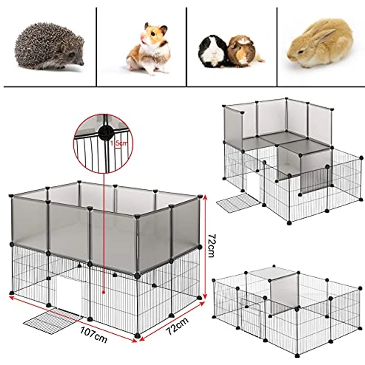 EUGAD Freigehege für Kaninchen, Meerschweinchen Gehege, Welpenauslauf Kleintiergehege inkl. Tür, Freilaufgehege für Hasen, Verformbar und Erhöhbar, Doppelstöckig BHT 107x72x72cm, Grau 35x35cm/Platte – Bild 4