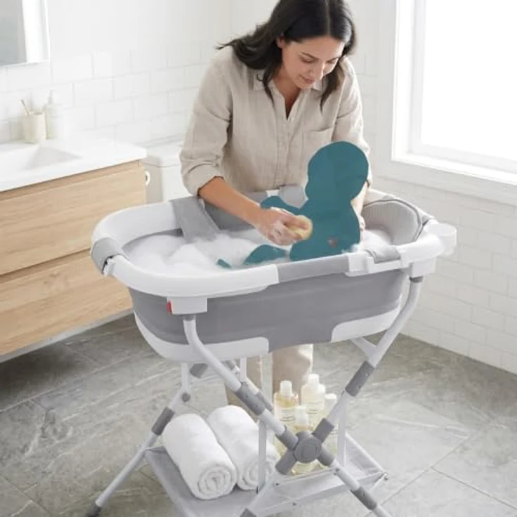 relaxdays Faltbare Babybadewanne mit Gestell, ergonomisch und platzsparend, Grau/Weiße – Bild 2