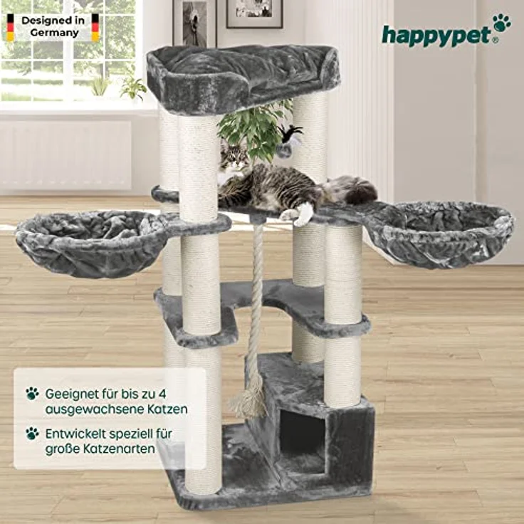 HAPPYPET Kratzbaum für große Katzen 'Oscar' - Premium Katzenbaum stabil 47 kg, 12 cm Dicke Stämme für schwere Katzen Maine Coon, 600g Plüsch, 2 Liegemulden und Höhle, E1 geprüftes Holz – Bild 5