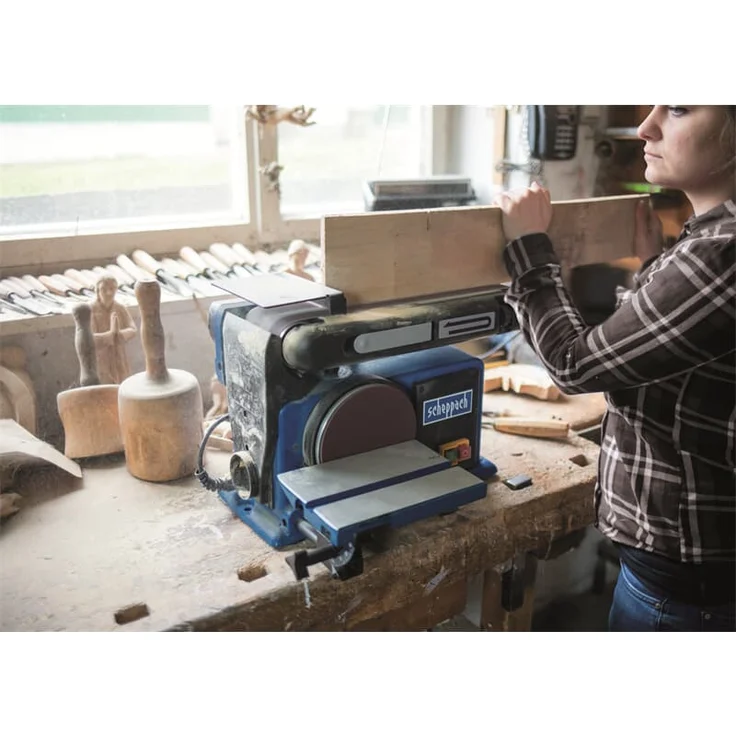 Scheppach Band -& Tellerschleifer BTS800 Bandschleifer | 370W Leistung | Bandlänge 715mm - Breite 100mm | SchleiftellerØ 150mm | 90°-45° verstellbarer Auflagetisch | Geschwindigkeit 7,5m/s | Absaugstutzen Ø 63mm – Bild 5