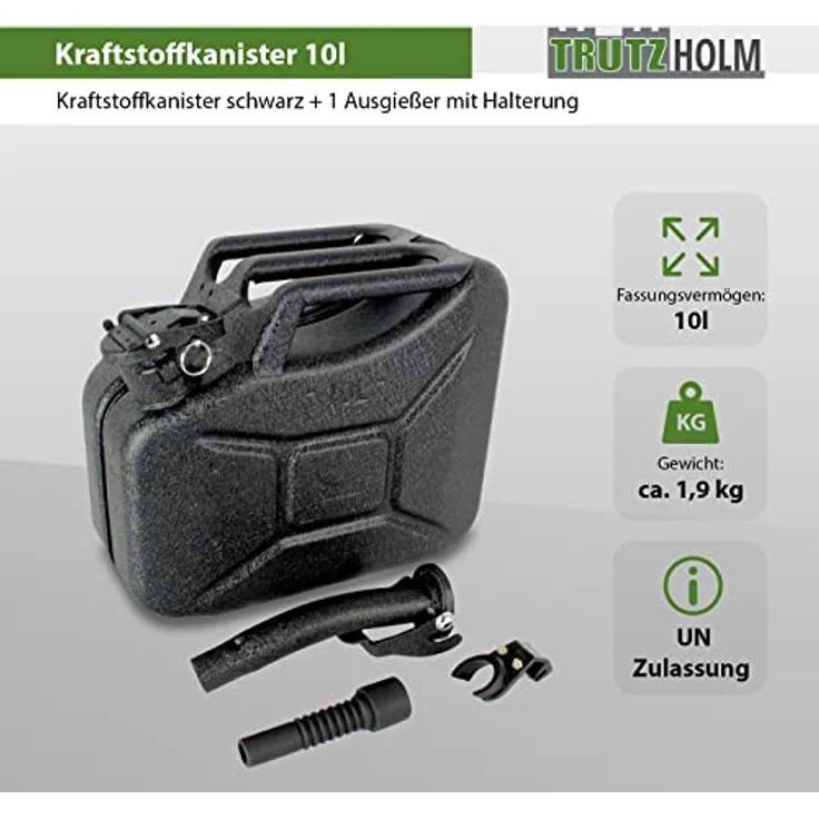 TRUTZHOLM 3x Kraftstoffkanister Metall 10L, Hammerschlag kratzfest schwarz, inkl. Ausgießer und Halterung – Bild 3
