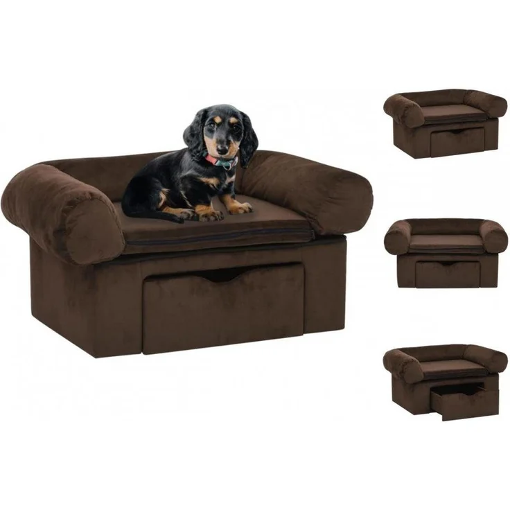 vidaXL Hundekorb Hundesofa Hundekörbchen Hundeplatz mit Schublade Braun 75x50x38 cm Plü - Plüschbezug, Stauraum, Massives Kiefernholz