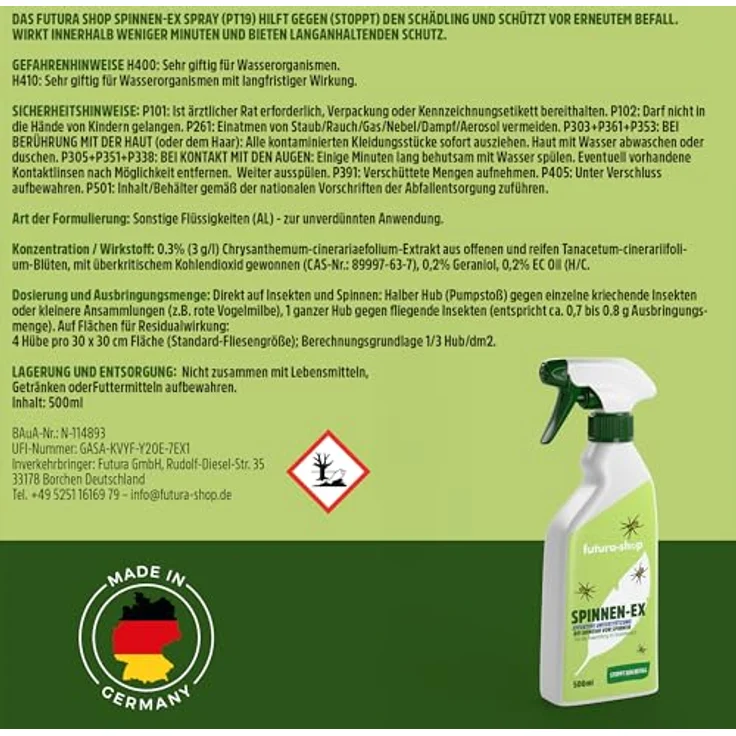 Futura-Shop Insektenspray GreenHero Spinnen-Ex, effiziente Spinnenbekämpfung, 500 ml, wasserbasierte Rezeptur mit Geraniol – Bild 7