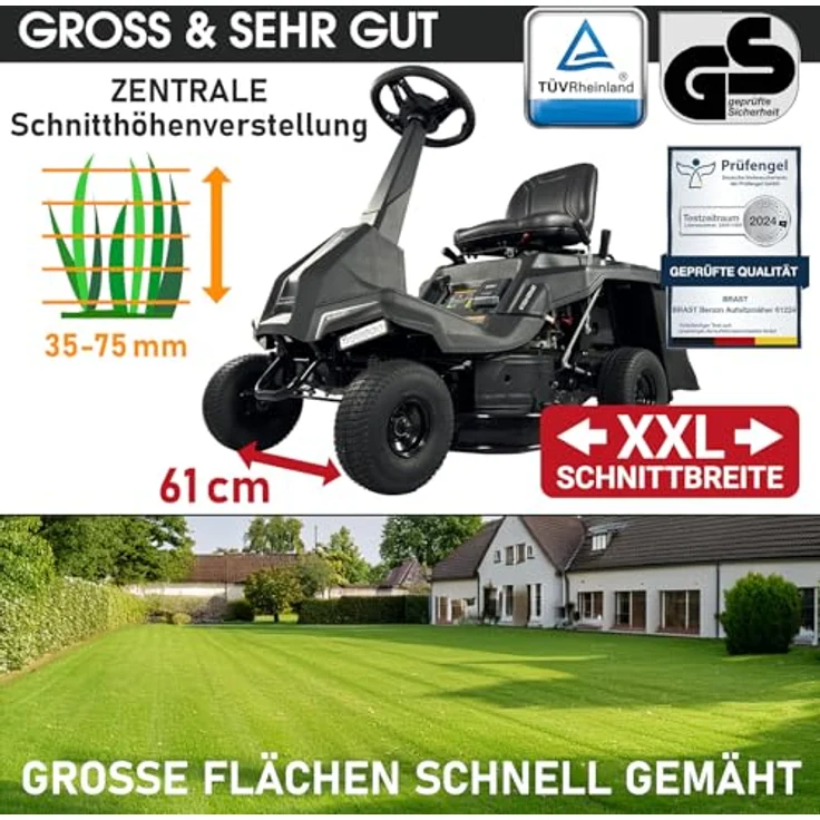 BRAST Rasentraktor Aufsitzmäher 61224 ESTART, 5,15kW(7PS), Elektrostart, TÜV, Variable Geschwindigkeit, 61,00 cm Schnittbreite, 150L Fangkorb, für mittlere bis große Rasenflächen – Bild 5