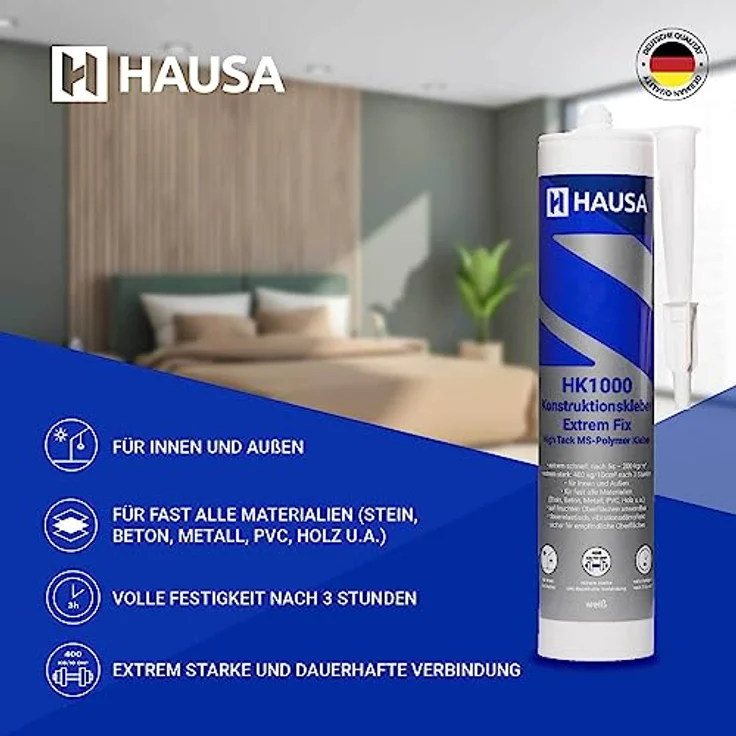 Hausa HAUSA High-Tack Montagekleber 24x 290ml weiß - extrem starker Alleskleber für Metall Stein Holz Spiegel elastischer MS Polymer Konstruktionskleber HK1000 für Innen Außen nasse trockene Oberfläche – Bild 3