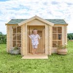 TIMBELA Kinderspielhaus aus Holz - Spielhaus im Freien für Kinder - 241x178x151 cm/2.63m2 Gartenspielhaus mit Veranda - Garten-Sommerhaus für Kinder M520, helle natürliche Holzfarbe