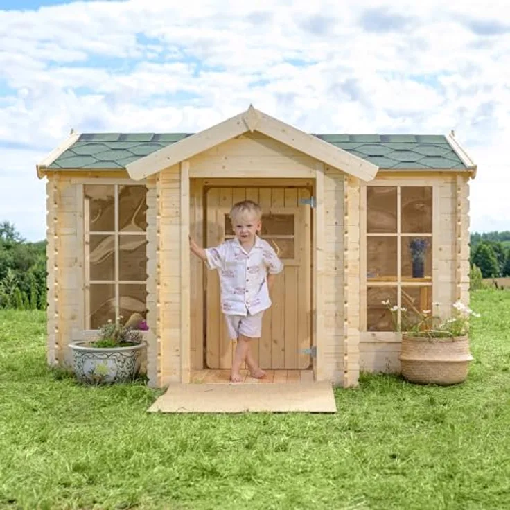 TIMBELA Kinderspielhaus aus Holz - Spielhaus im Freien für Kinder - 241x178x151 cm/2.63m2 Gartenspielhaus mit Veranda - Garten-Sommerhaus für Kinder M520, helle natürliche Holzfarbe