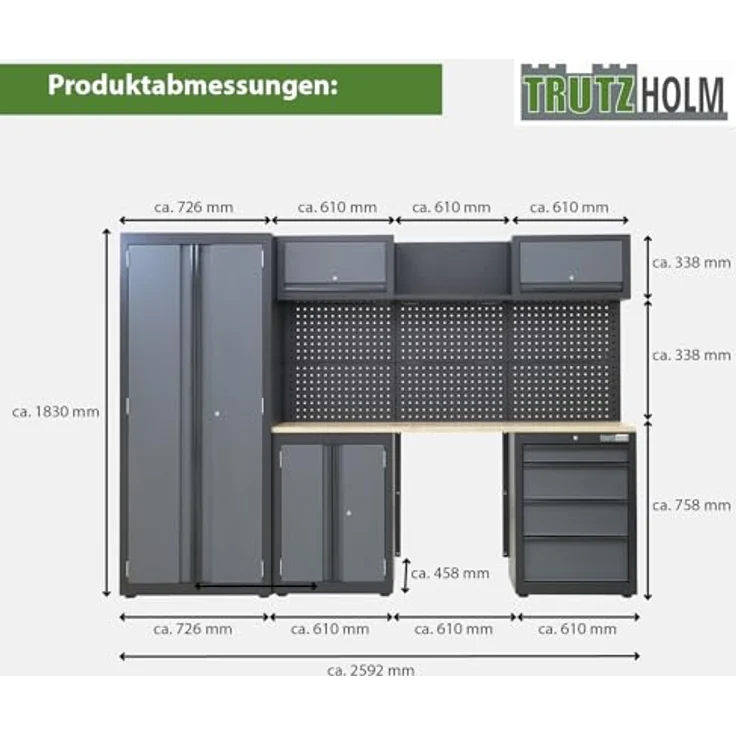 TRUTZHOLM Werkstattwand Werkstattschranksystem Werkstatteinrichtung 13-TLG. | flexibel zusammenstellbar, abschließbar, Hochschrank, Hängeschränke, Unterschränke Gasdruckfedern (Grau/Anthrazit) - Preisvergleich – Bild 2