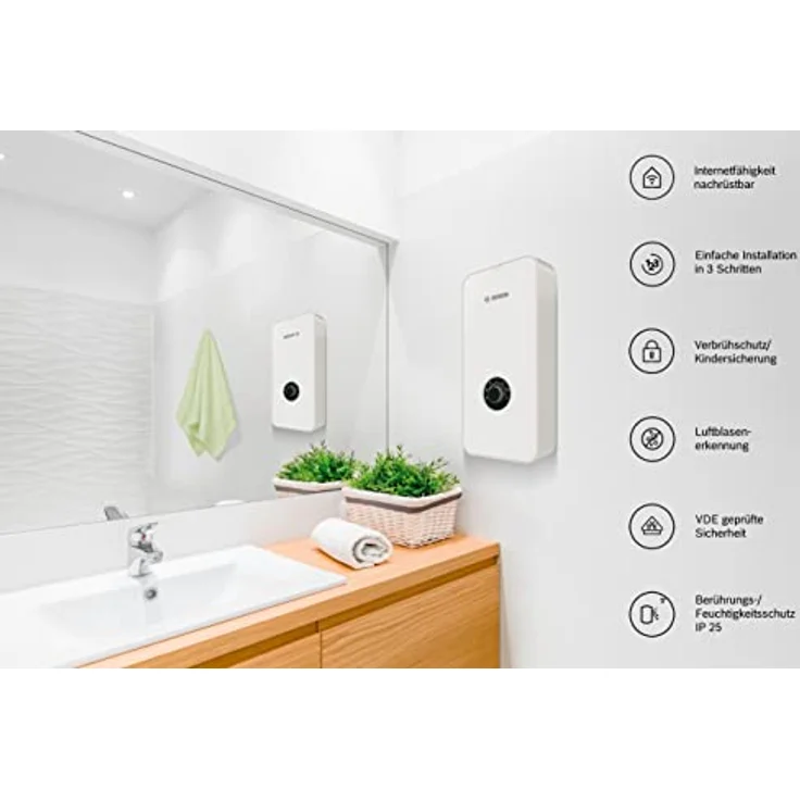 Bosch Tronic 5000, elektronischer Durchlauferhitzer 21/24/27 kW, druckfest, stufenlose Temperaturwahl, 400 V, moderne Glas-Optik, weiß – Bild 2