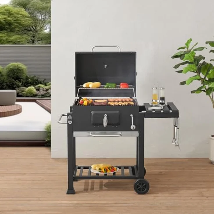 casa.pro Grillwagen Arnad Holzkohlegrill mit Deckel BBQ Kohlegrill mit Grillrosten Gartengrill 2 Räder Deckelthermometer aufklappbare Ablagen 105x114x47,5cm Schwarz – Bild 1