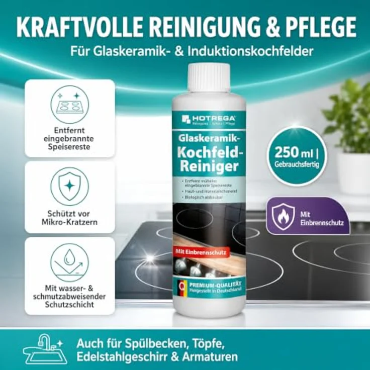 HOTREGA® Glaskeramik Kochfeld Reiniger, 250ml Spezial-Politur zur schonenden Reinigung und Pflege von Glaskeramik-Kochfeldern – Bild 2