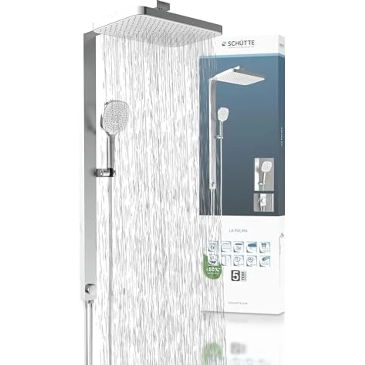 Schütte Brausegarnitur LA PALMA, Regendusche mit Antikalk-Beschichtung, 3 Strahlarten, Höhenverstellbar 105 cm, Komplett-Set, wassersparend – Bild 1