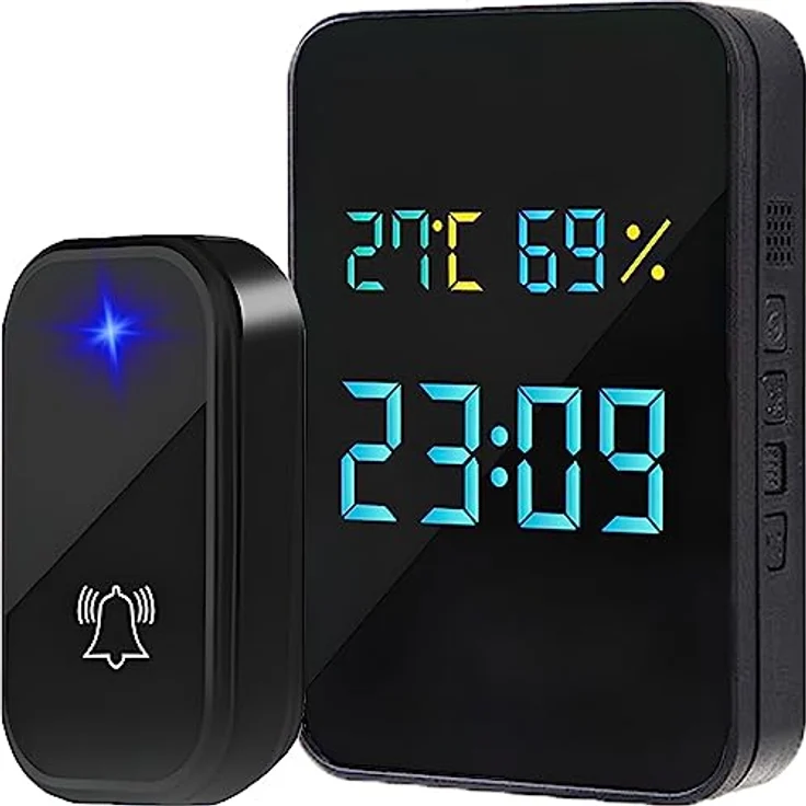 Retoo Funkklingel Aussen Wasserdicht 4 in 1 Multifunktional Türklingel mit Thermometer Hygrometer und Uhr 38 Melodien IP44 Batterielose Set – Bild 1