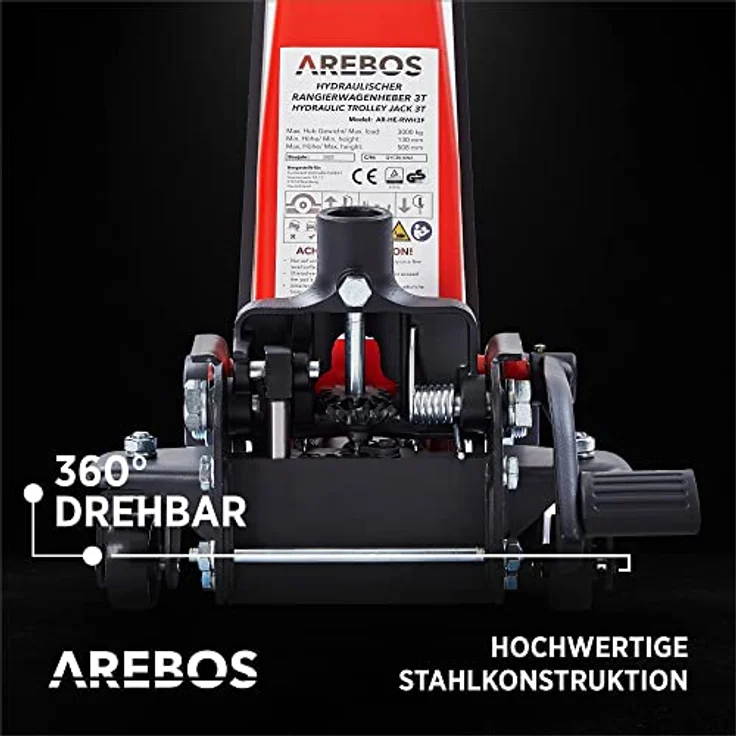 AREBOS 3T Hydraulischer Rangierwagenheber mit Fußpedal, 2x Unterstellbock, 3 Tonnen Tragkraft, 2x Auflagen - Schwarz/Rot, für einfaches und sicheres Arbeiten unter dem Auto in Werkstatt und Garage – Bild 9