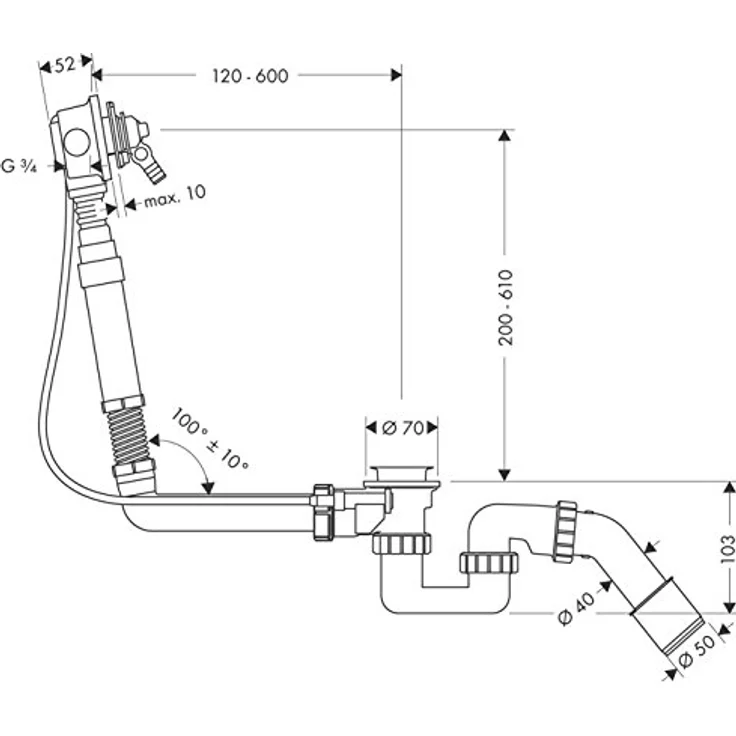 hansgrohe Exafill Wanneneinlauf Grundkörper mit Ab- und Überlaufgarnitur, Komplettset für Sonderwannen, Mehrfarbig, Bowdenzuglänge 520 mm – Bild 2