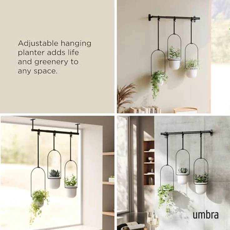 Umbra Triflora Vase, Hängeblumentopf, Wandvase, Blumenampel für Wand-und Deckenanbrinung, Melamin, Metall, Weiss-Schwarz, 3er-Set – Bild 4