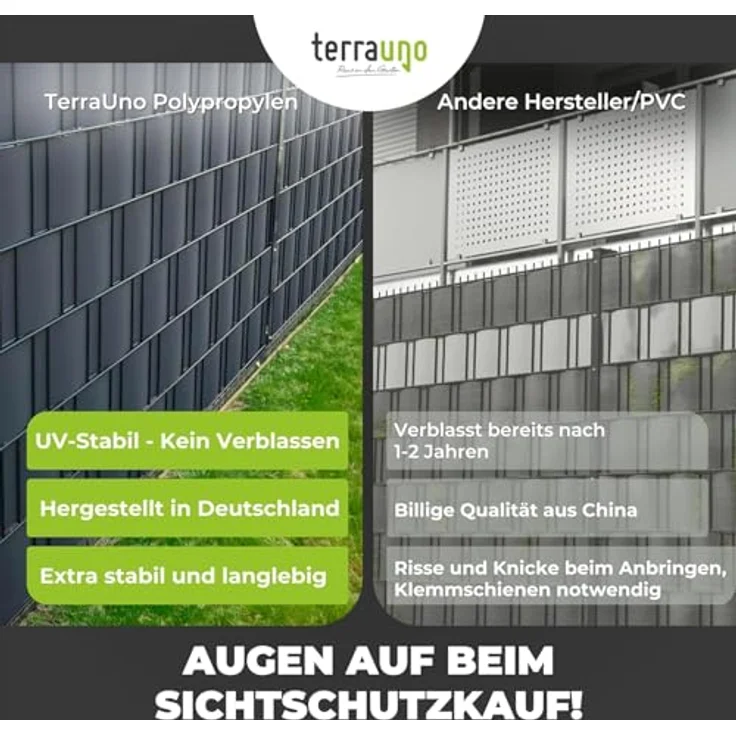 TerraUno Sichtschutzstreifen für Doppelstabmatten, Polypropylen, UV-beständig, anthrazit RAL 7016, 252x19 cm, lederoptik, 100% blickdicht, Made in Germany – Bild 3