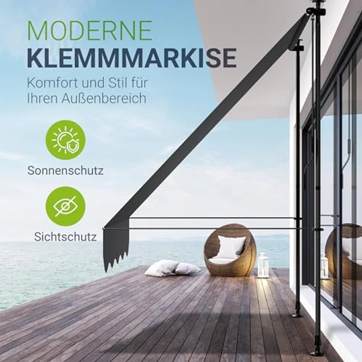 Juskys Klemmmarkise Kapstadt Grau, Montage ohne Bohren, höhenverstellbar, senkrecht/diagonal ausziehbar – Bild 2
