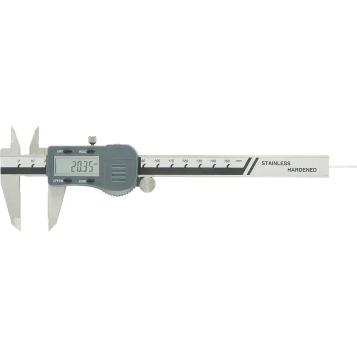 FORTIS Digital-Taschenmessschieber 150mm, rostfreier Stahl mit Rollenfeineinstellung, LCD-Anzeige, RS-232 Datenausgang, Kunststoffetui