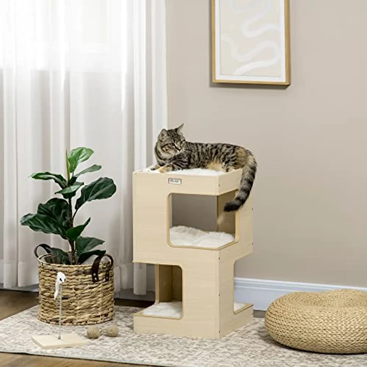 PawHut Tierhaus Katzentonne, KatzenhГ¶hle, 2 Ebenen, inkl. Spielzeug, Eiche, 34L x 34B x 60H cm, Weiche Polsterung, Mausspielzeug, Geeignet für Katzen unter 5 kg – Bild 2